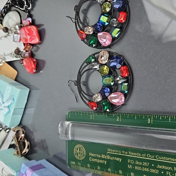 Colorful Fuax Gemstone Black Tone  Big  Earrings - Picture 12 of 17